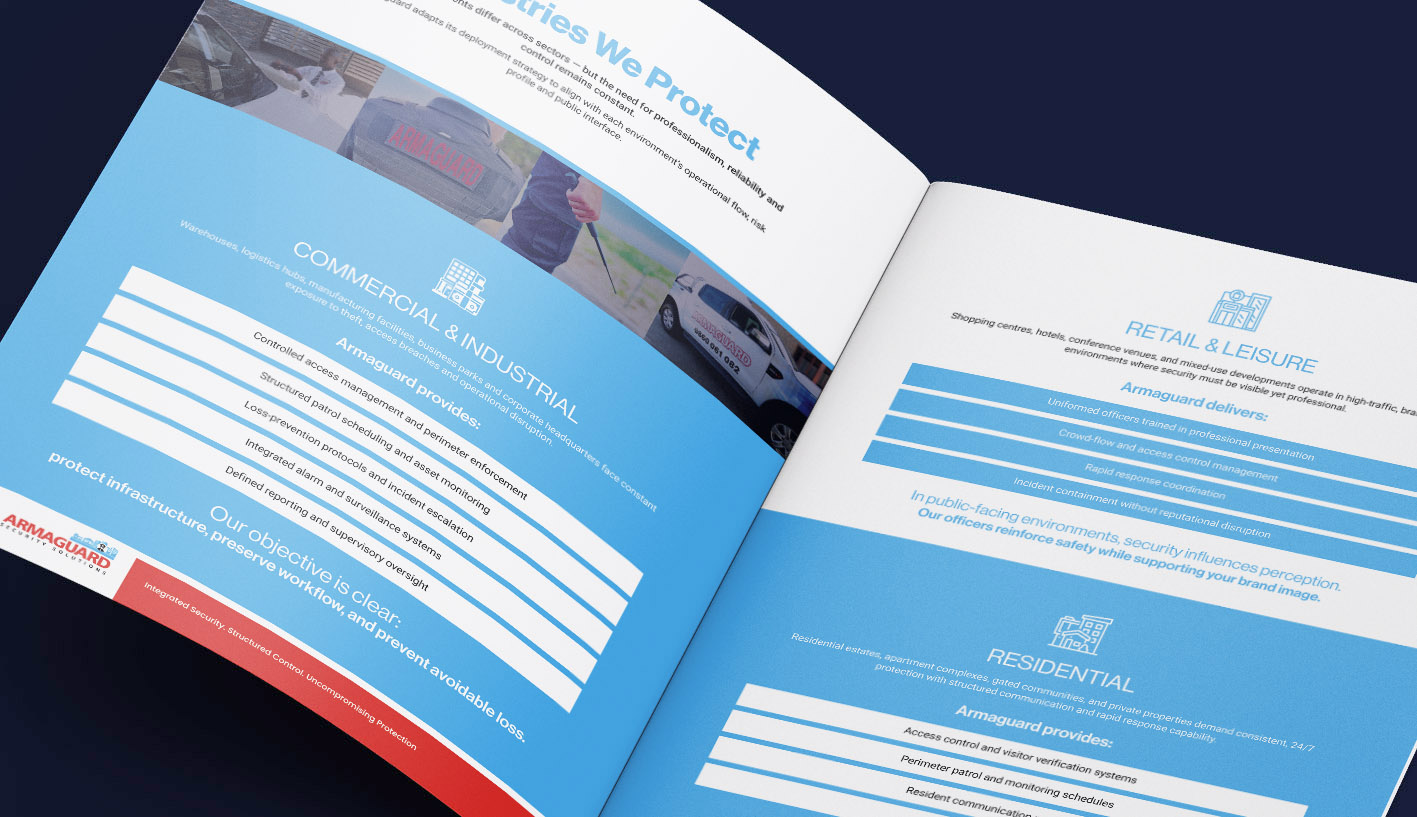 Armaguard company profile spread showing commercial, industrial, retail, leisure and residential security service sections.