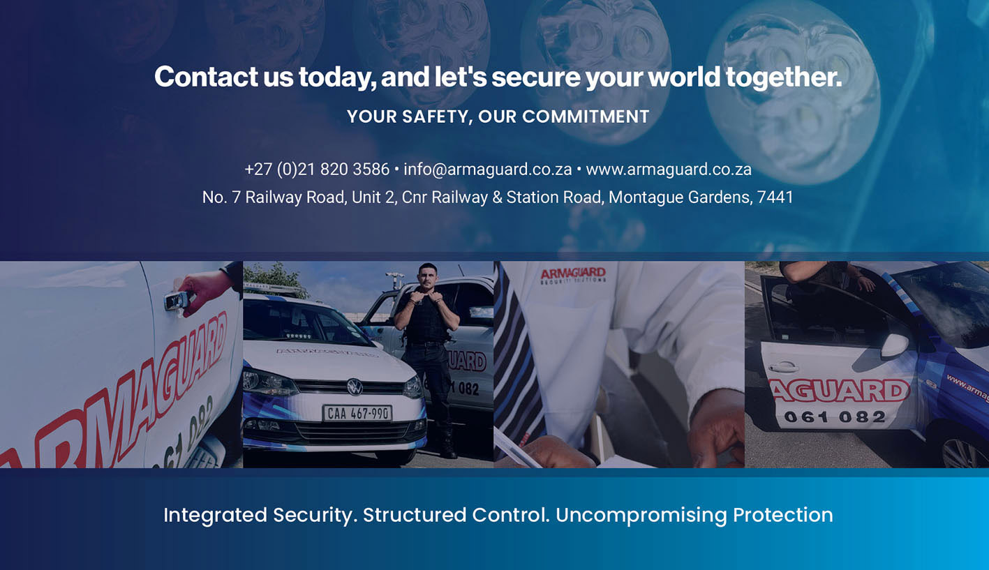 Armaguard company profile contact page design with brand imagery, contact details and security positioning message.