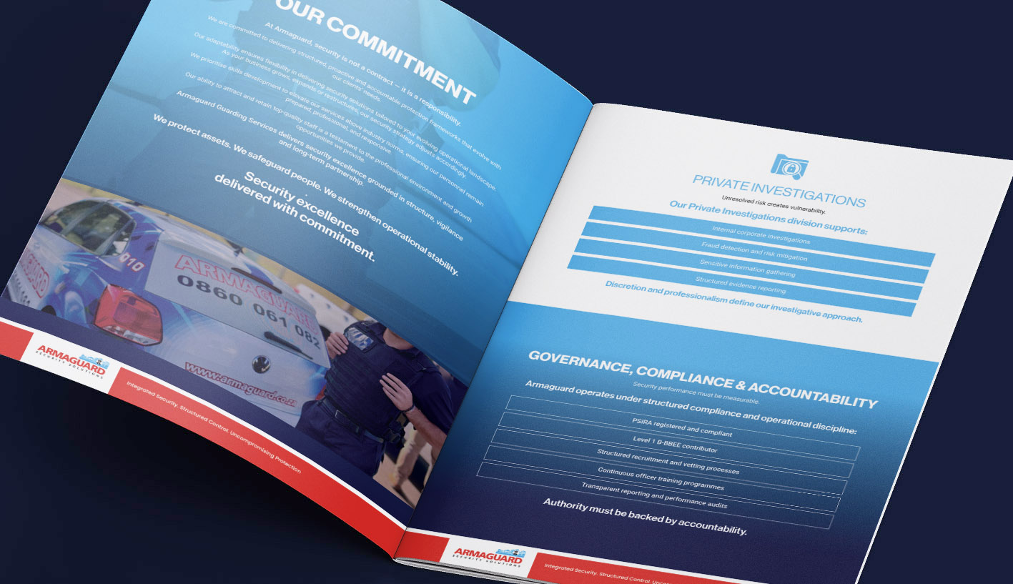 Armaguard company profile spread showing commitment messaging, private investigations and governance compliance content.