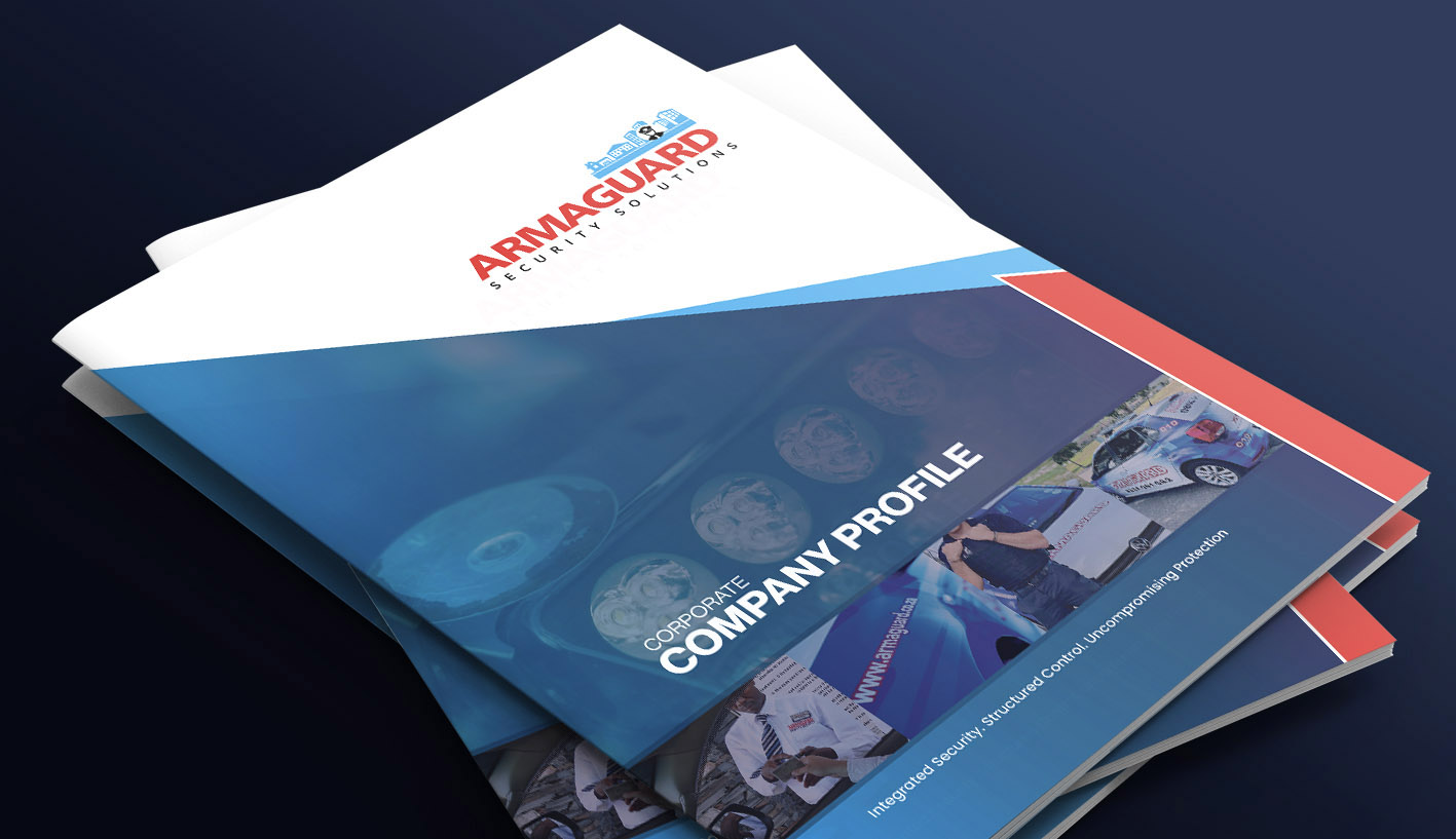 Printed Armaguard company profile mockup showing the front cover design and branded corporate presentation format.