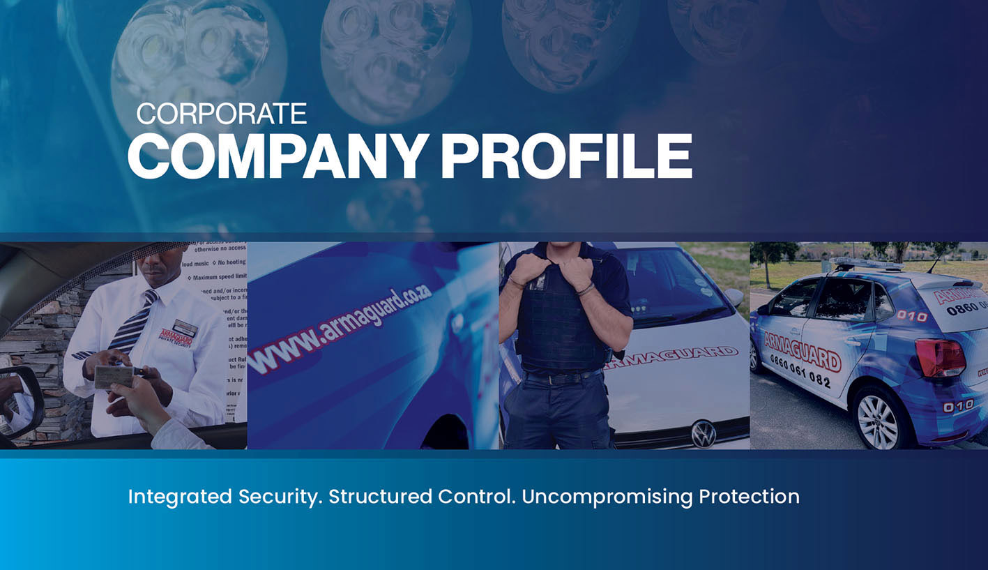 Armaguard corporate company profile cover design with security imagery, branded layout and core message.