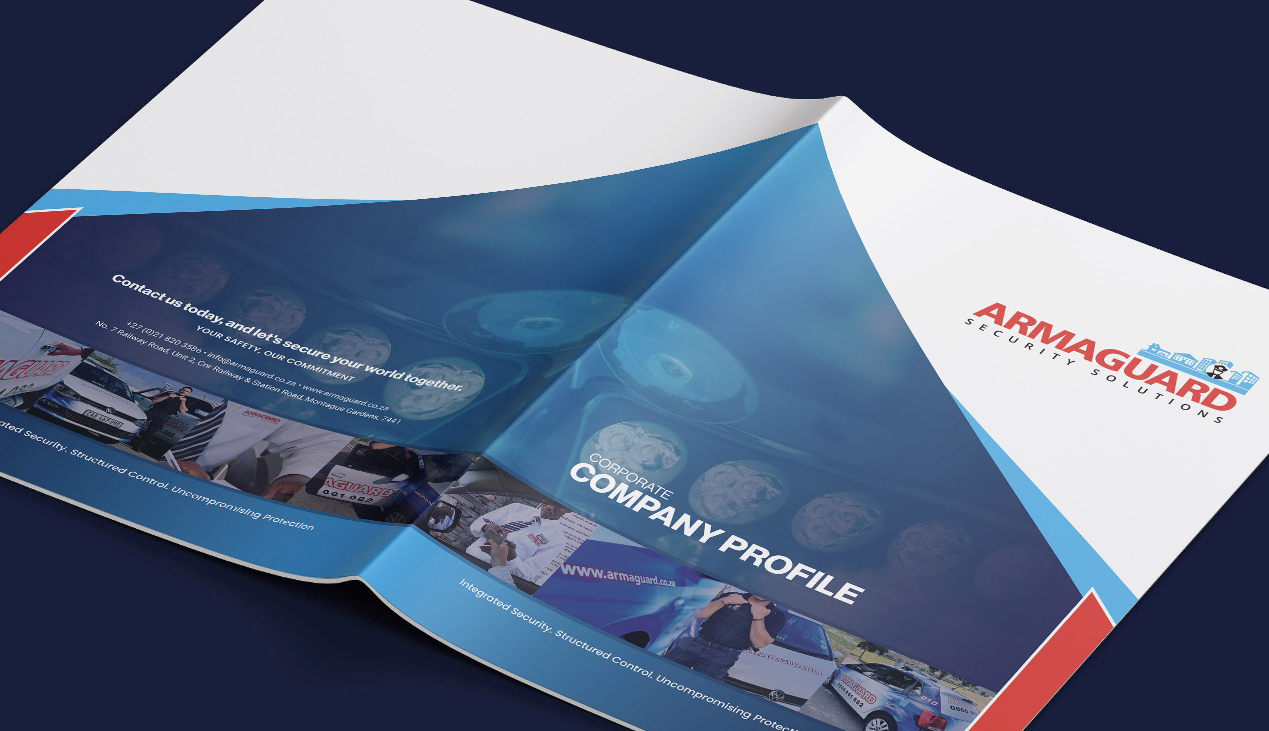 Armaguard corporate company profile cover and presentation folder design with branded blue and red security visual system.