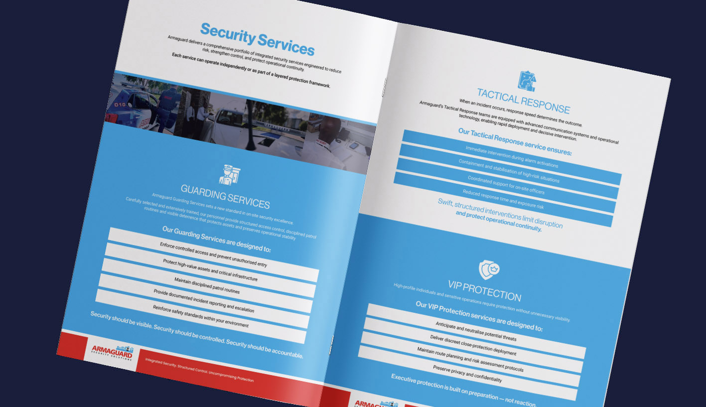 Armaguard company profile spread showing guarding services, tactical response and VIP protection service information.