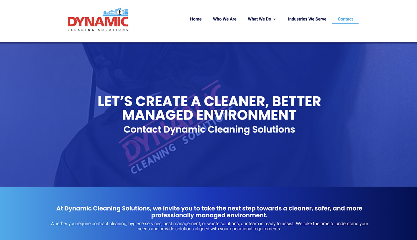 Contact page design for Dynamic Cleaning Solutions with cleaner managed environment messaging and website navigation.