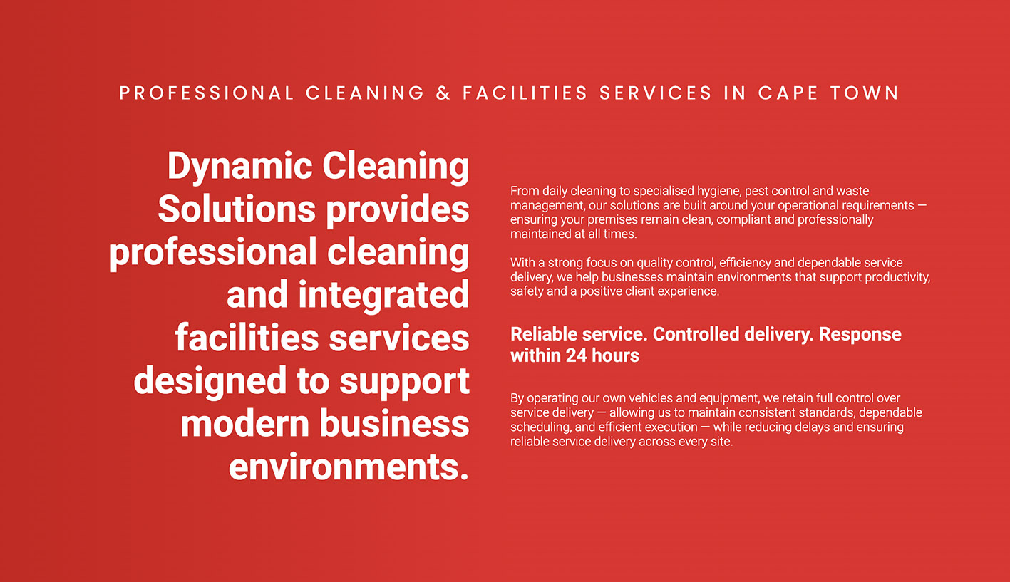 Website copy section for Dynamic Cleaning Solutions presenting professional cleaning and integrated facilities services in Cape Town.