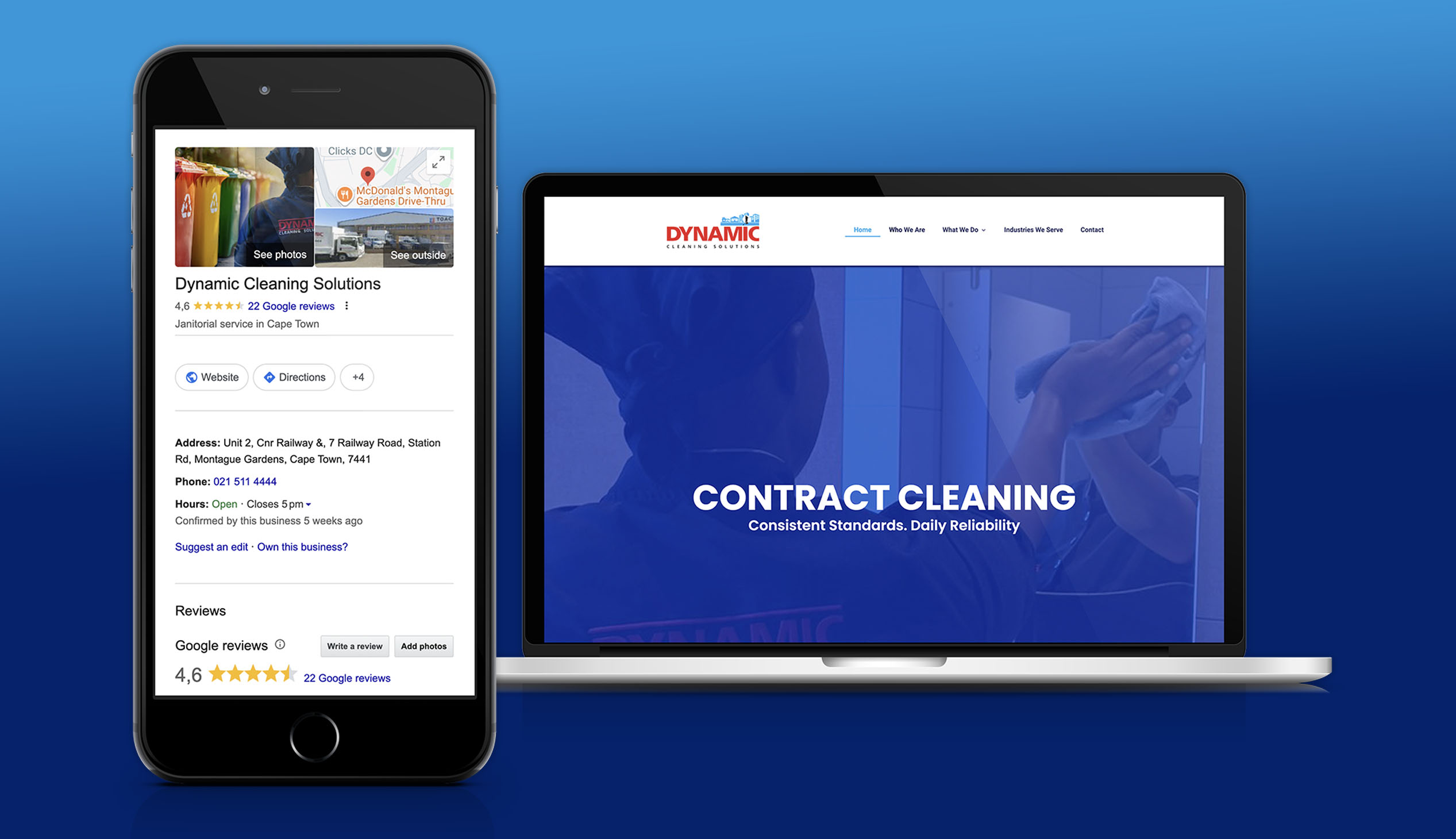 Google Business Profile and website mockup for Dynamic Cleaning Solutions showing improved digital presence across search and web.