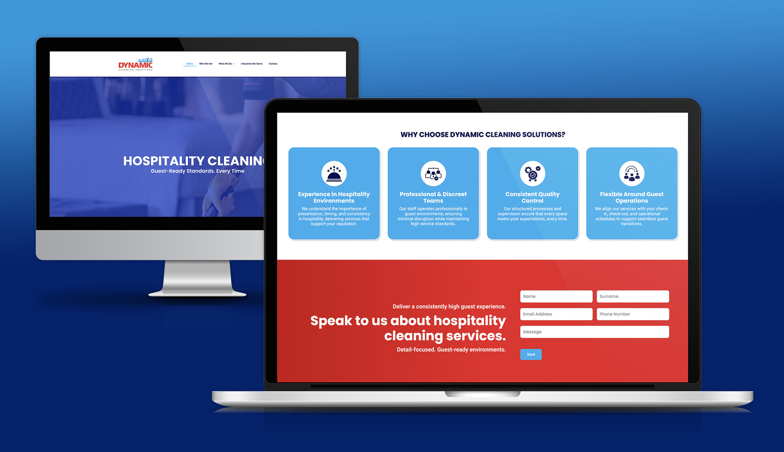 Website design mockup showing the Dynamic Cleaning Solutions hospitality cleaning page across desktop and laptop screens.