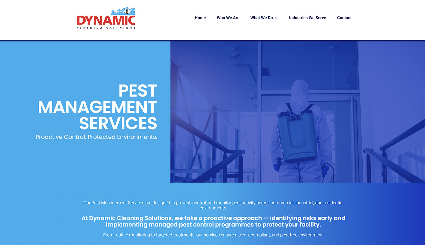 Pest management service page design for Dynamic Cleaning Solutions showing structured pest control service content.