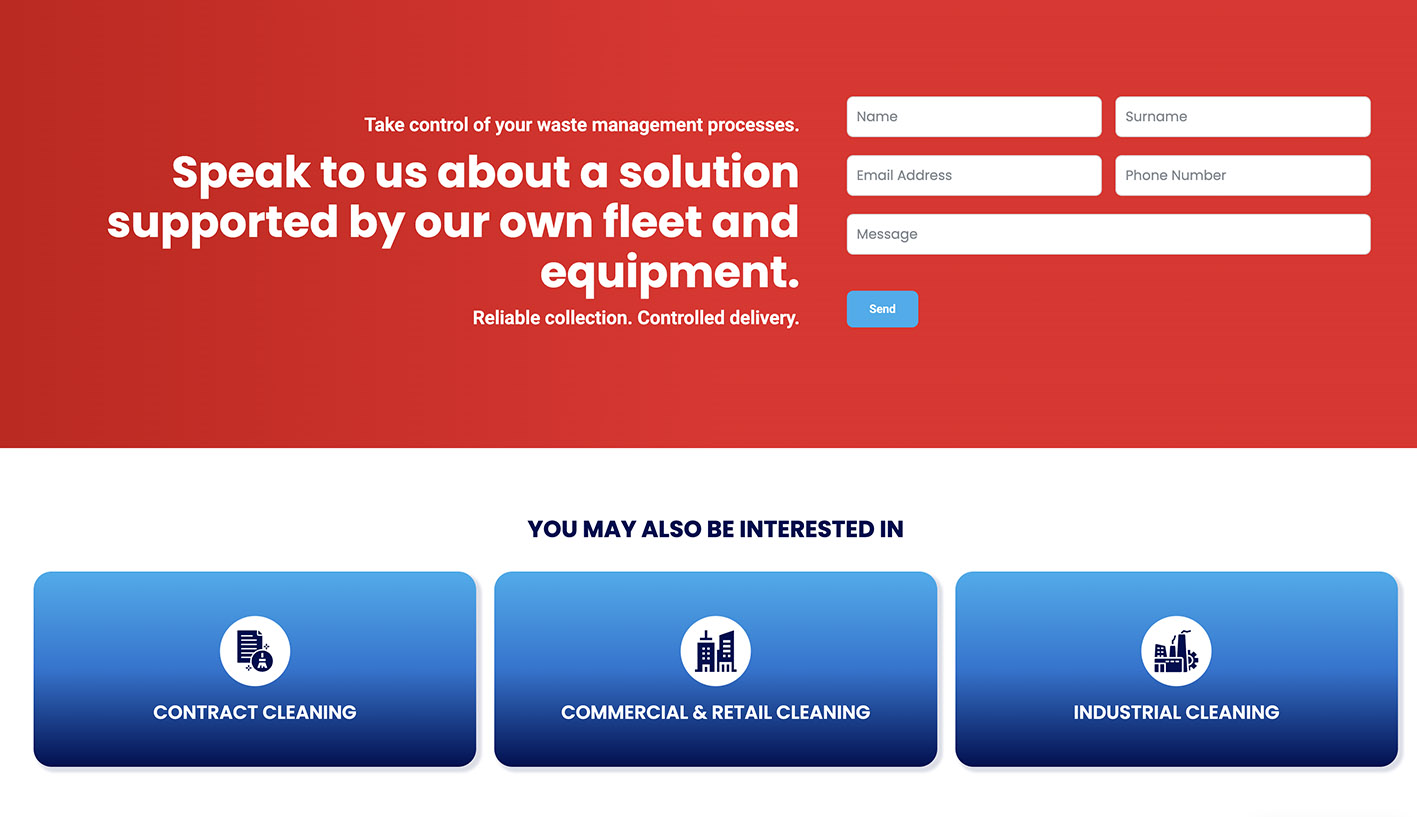Waste management enquiry section for Dynamic Cleaning Solutions with contact form and related service links.