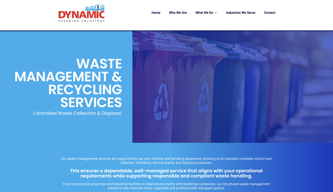 Waste management and recycling website page design for Dynamic Cleaning Solutions showing structured service content.