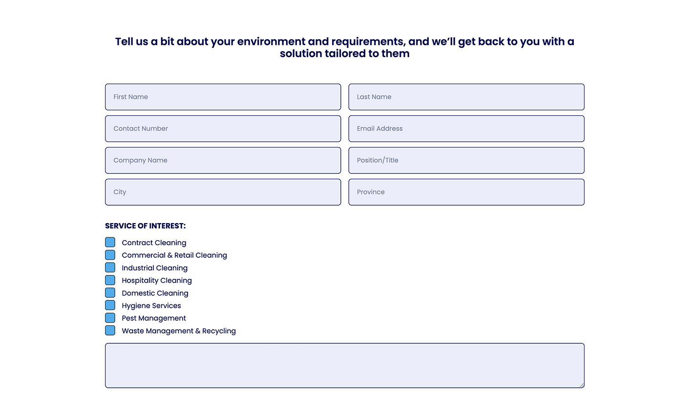 Website enquiry form for Dynamic Cleaning Solutions showing service interest options and client requirement fields.