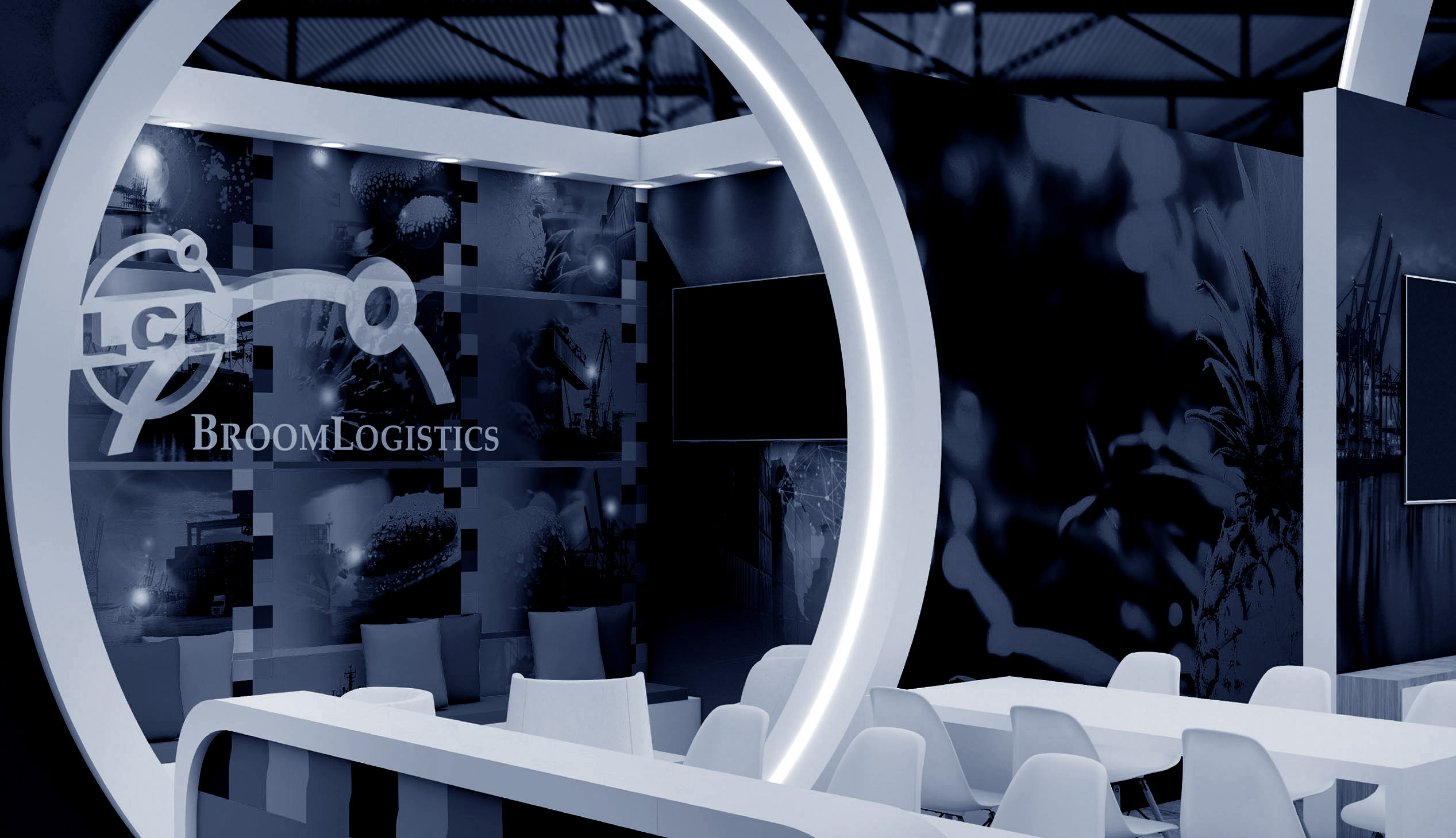 Expo booth design in a busy exhibition hall with visitors moving between stands.