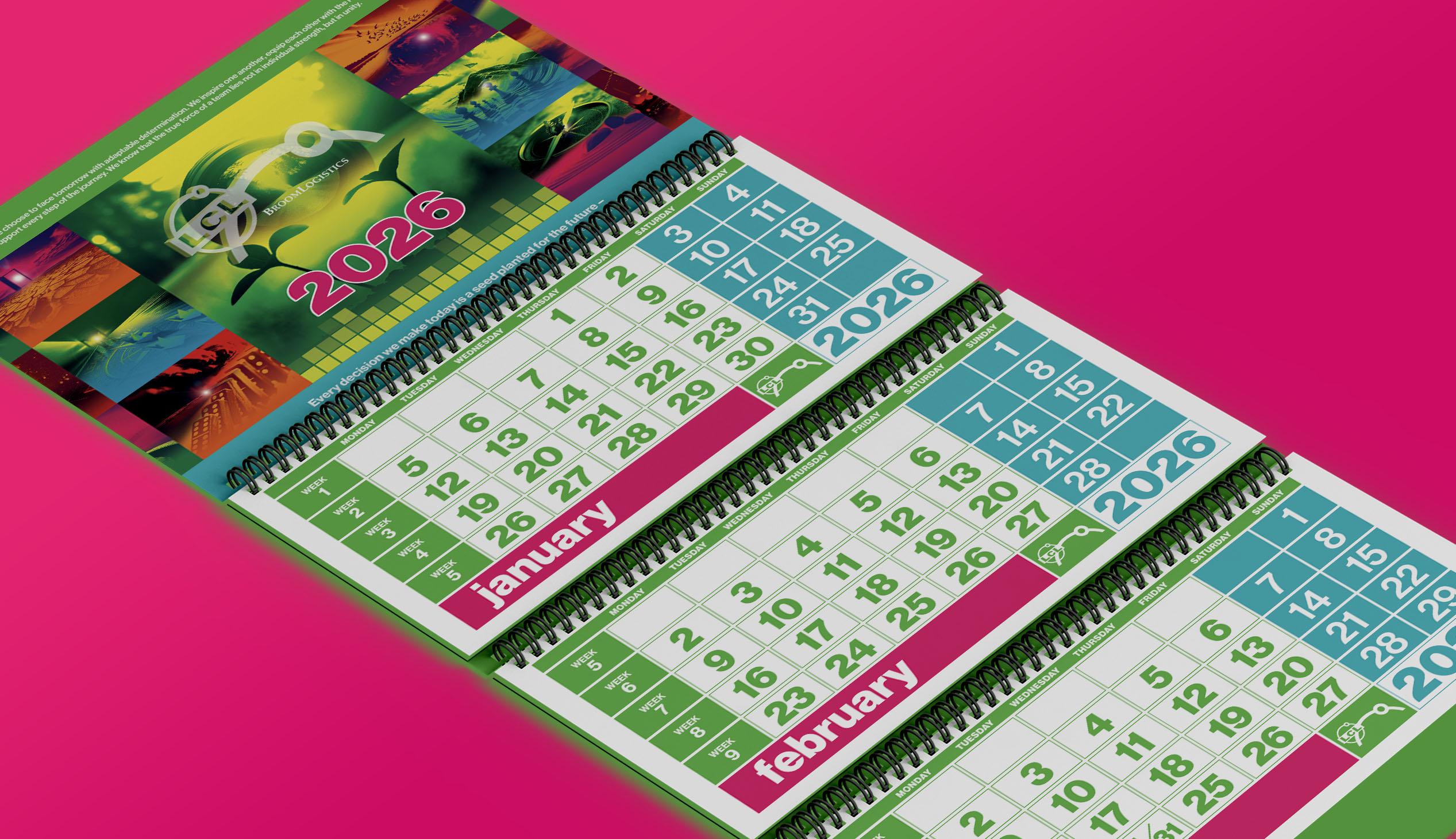 LCL Logistics 2026 desk calendar showing monthly planner pages, spiral binding and branded motivational calendar artwork.