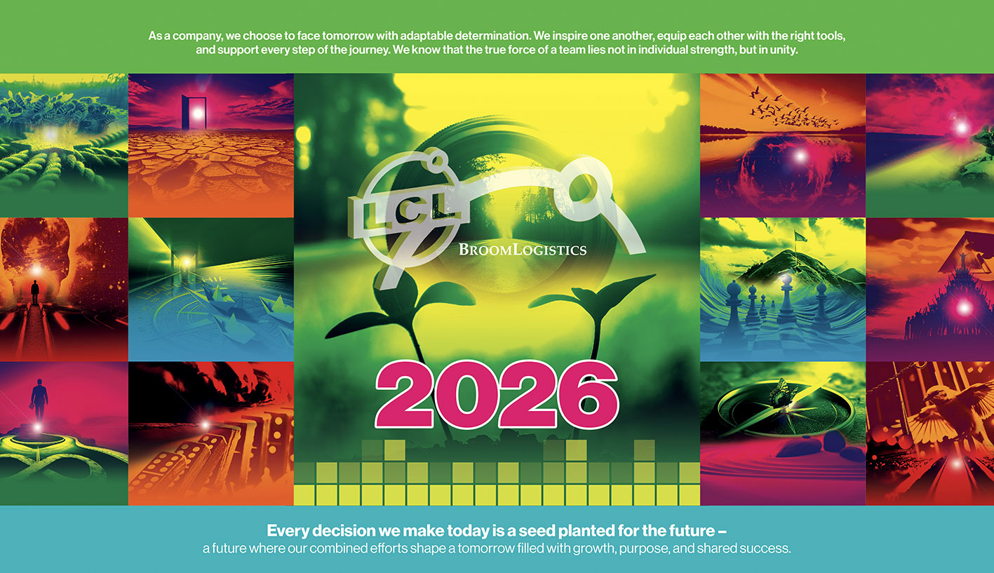 LCL Logistics 2026 annual calendar campaign cover design with branded collage artwork and motivational growth message.