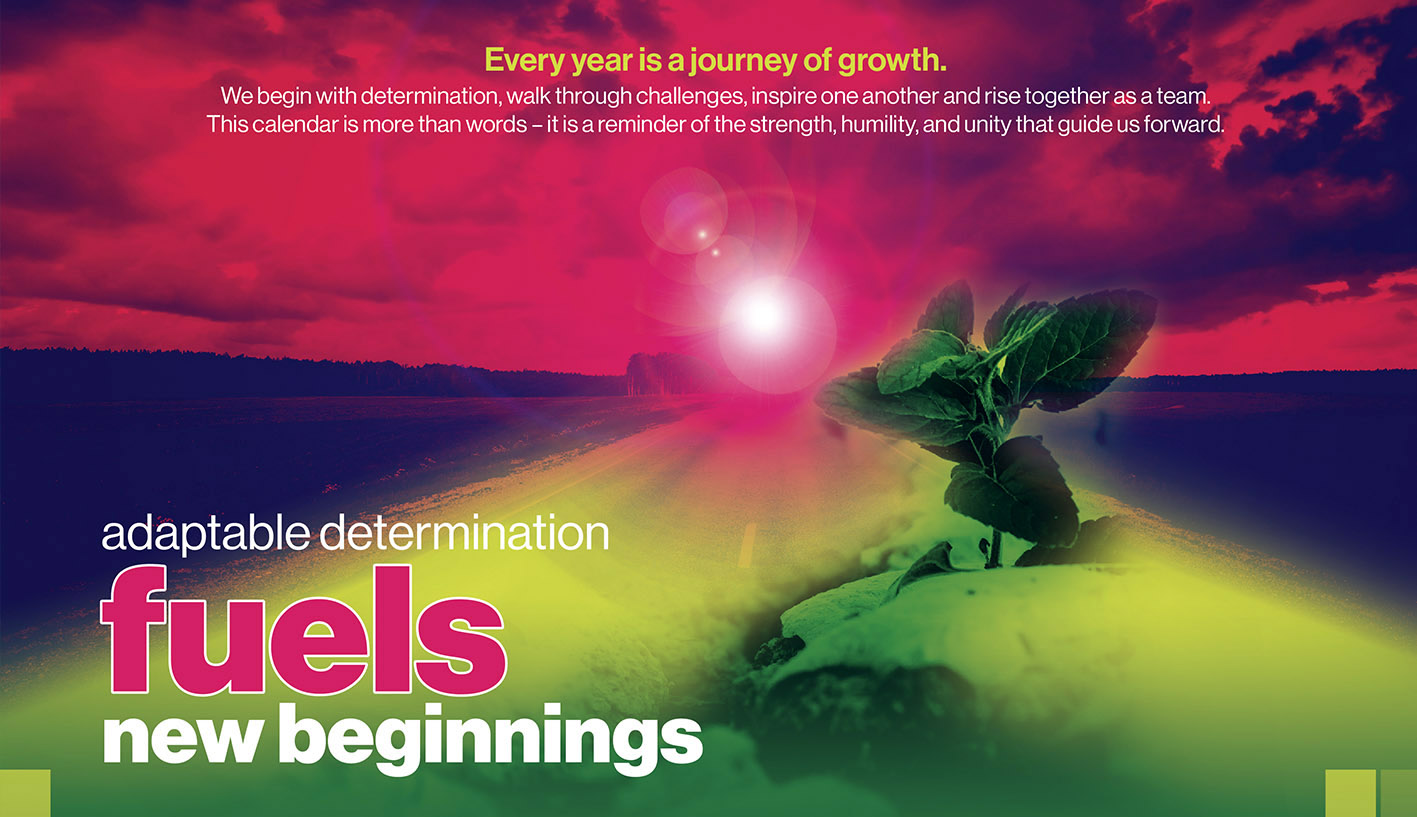 Motivational calendar artwork for LCL Logistics with the message adaptable determination fuels new beginnings.