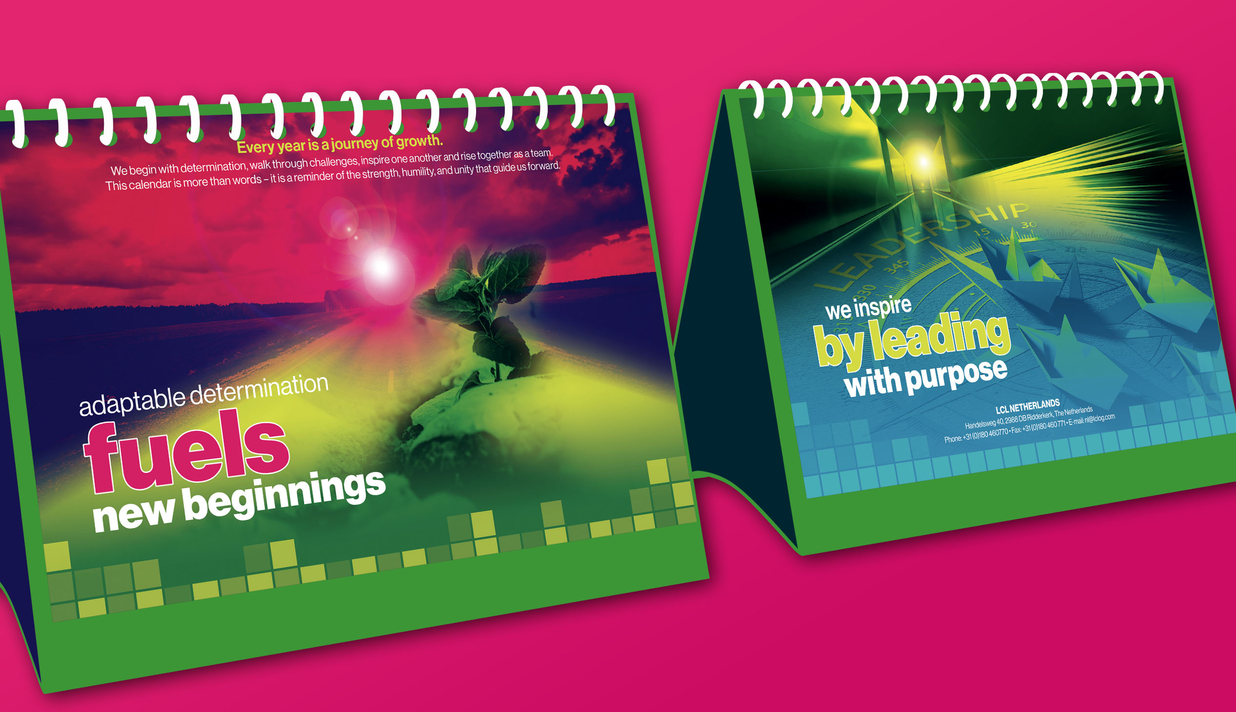LCL Logistics desk calendar mockup showing motivational campaign artwork and branded green calendar stand design.