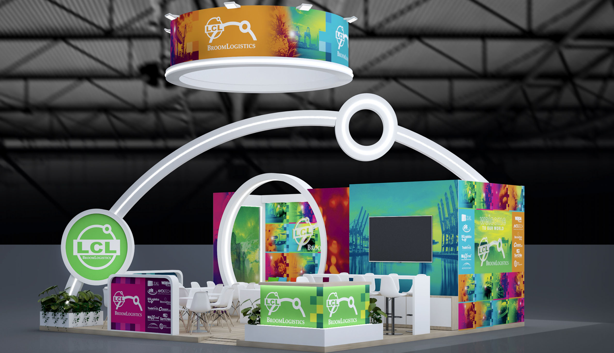 LCL Logistics expo booth design for Fruit Attraction Spain 2025 showing the full exhibition stand with suspended signage and branded arch structure.