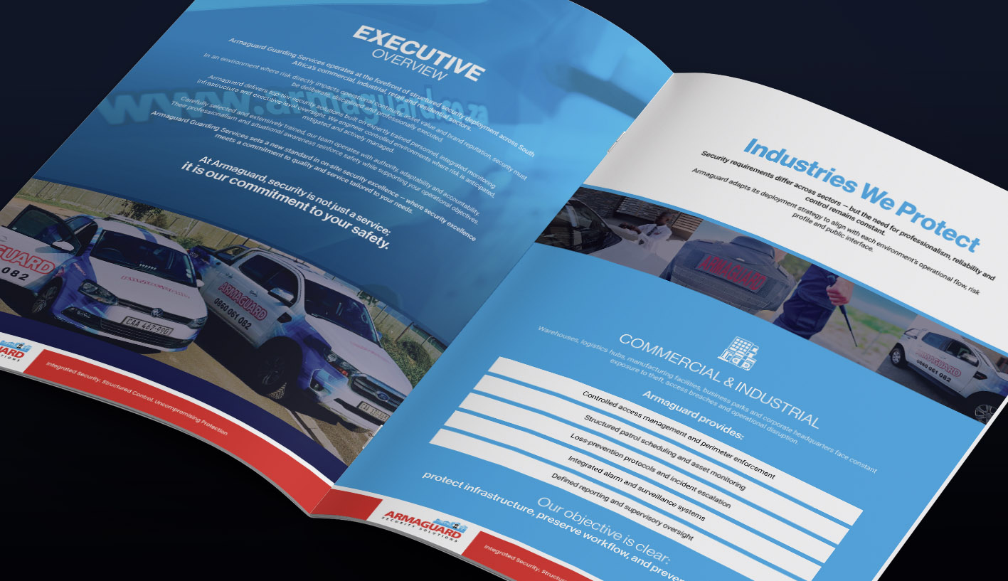 Armaguard Security Solutions company profile design showing blue and white corporate brochure spreads, security services and branded vehicles.