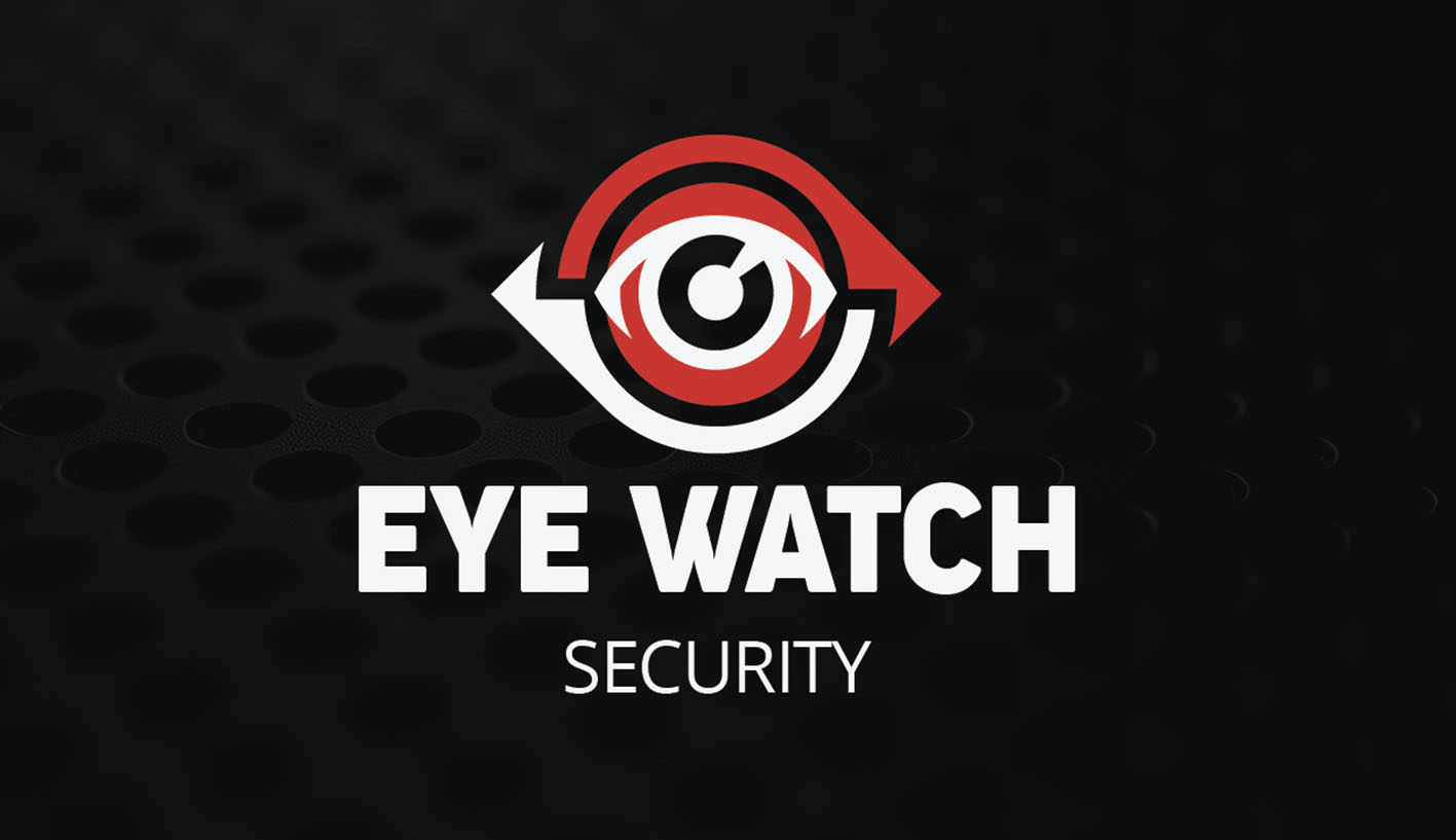 Eye Watch Security red, white and black eye logo on a dark textured background.