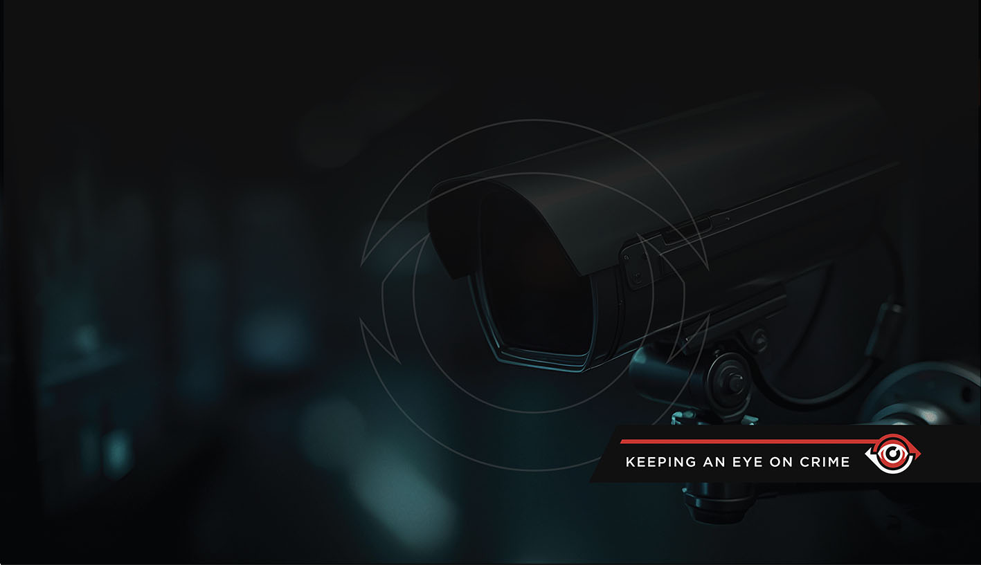 Dark CCTV camera graphic featuring Eye Watch Security's slogan Keeping an Eye on Crime and its red eye symbol.