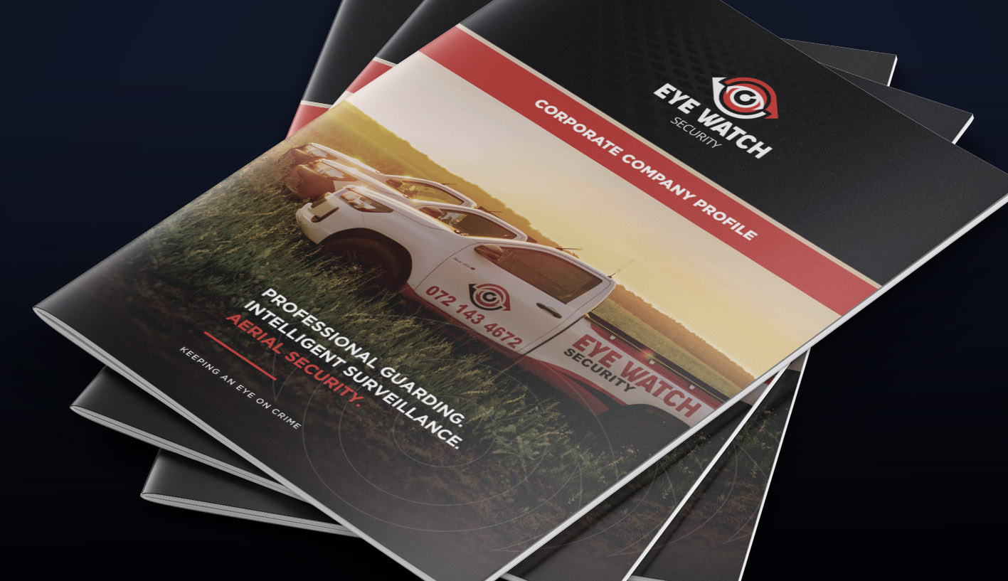 Eye Watch Security corporate company profile design featuring branded security vehicles and professional red and black brochure artwork.