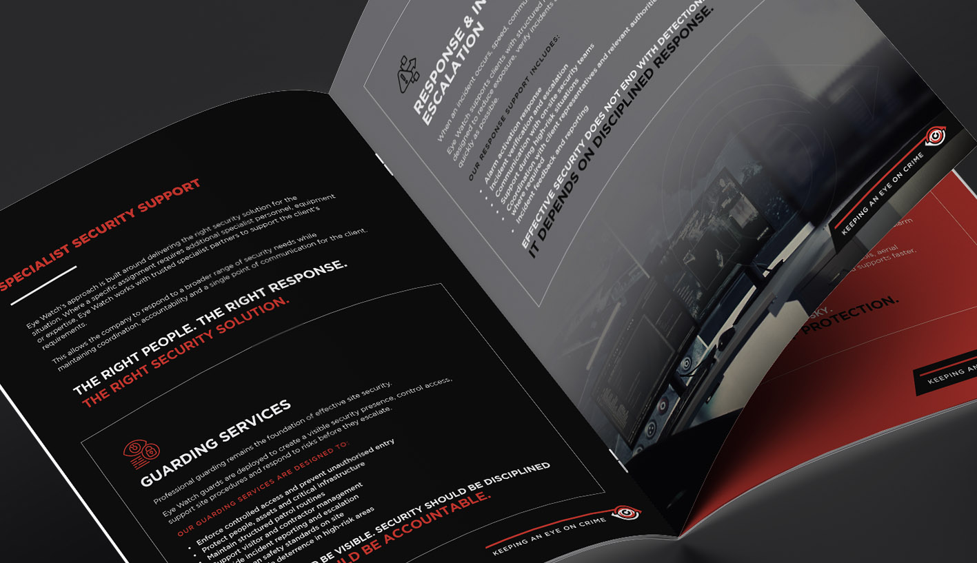 Open Eye Watch Security corporate profile showing specialist support, guarding services and response procedures in a black and red layout.