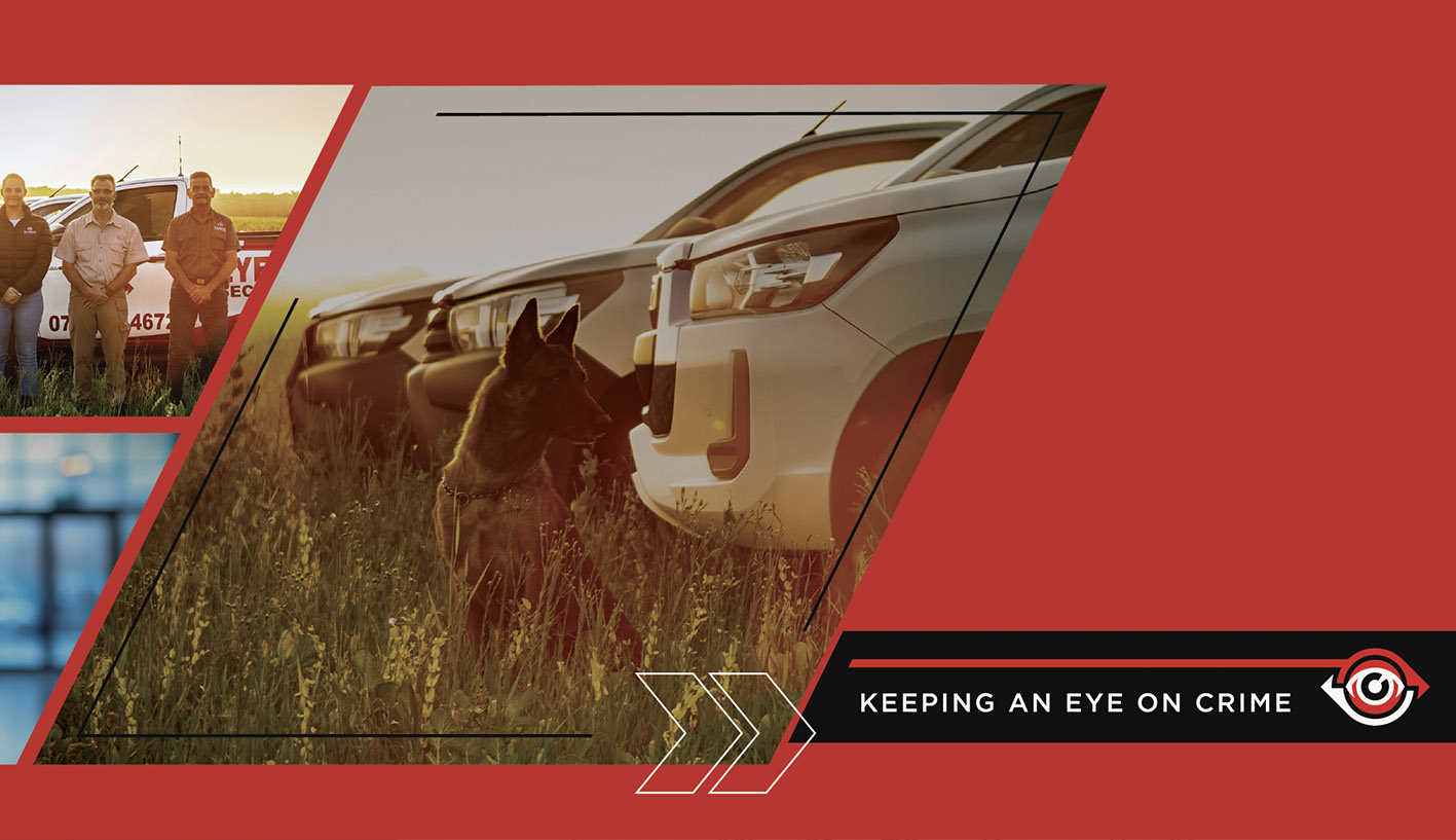 Eye Watch Security corporate profile graphics featuring patrol vehicles, a security dog and the Keeping an Eye on Crime slogan.