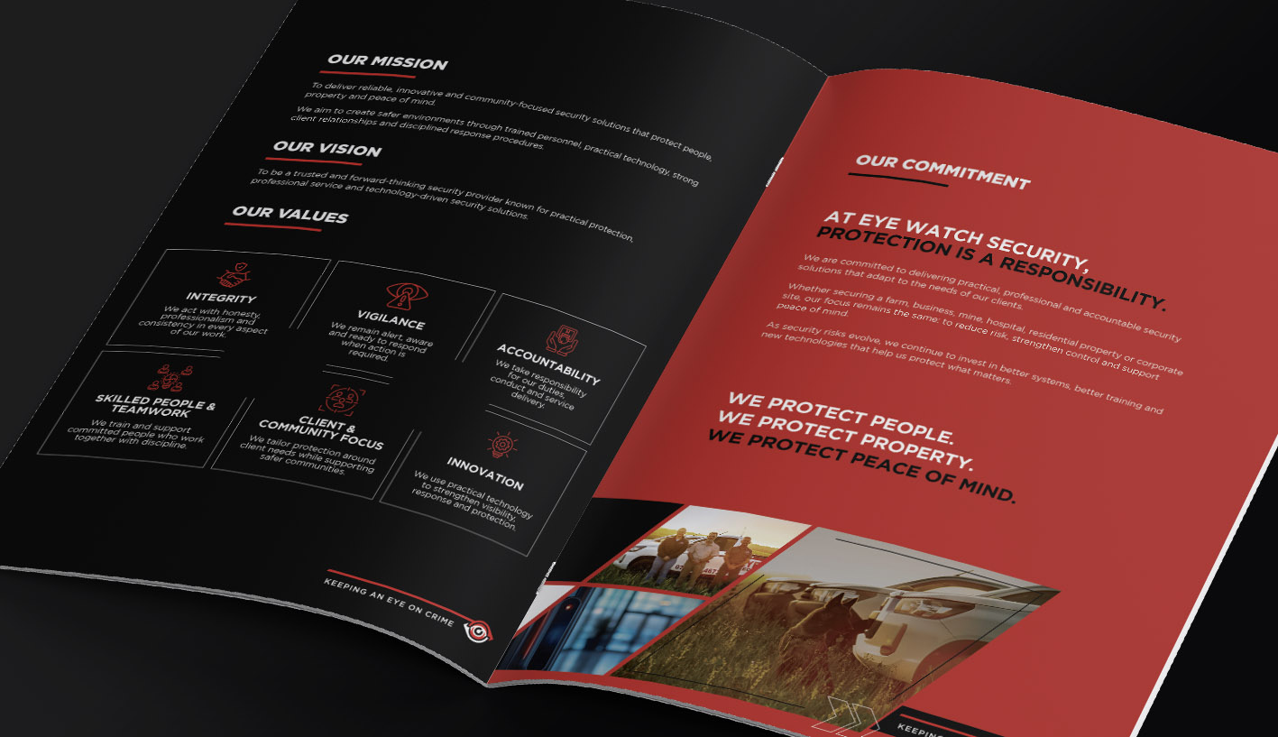 Open Eye Watch Security company profile showing the mission, vision, company values and commitment to protection.