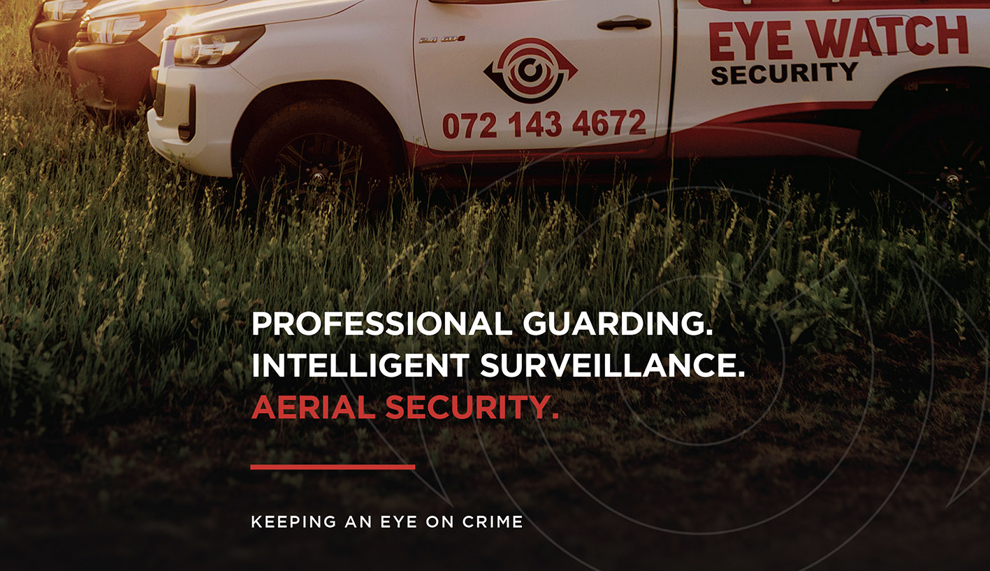 Corporate profile graphic featuring Eye Watch Security patrol vehicles and the messages Professional Guarding, Intelligent Surveillance and Aerial Security.