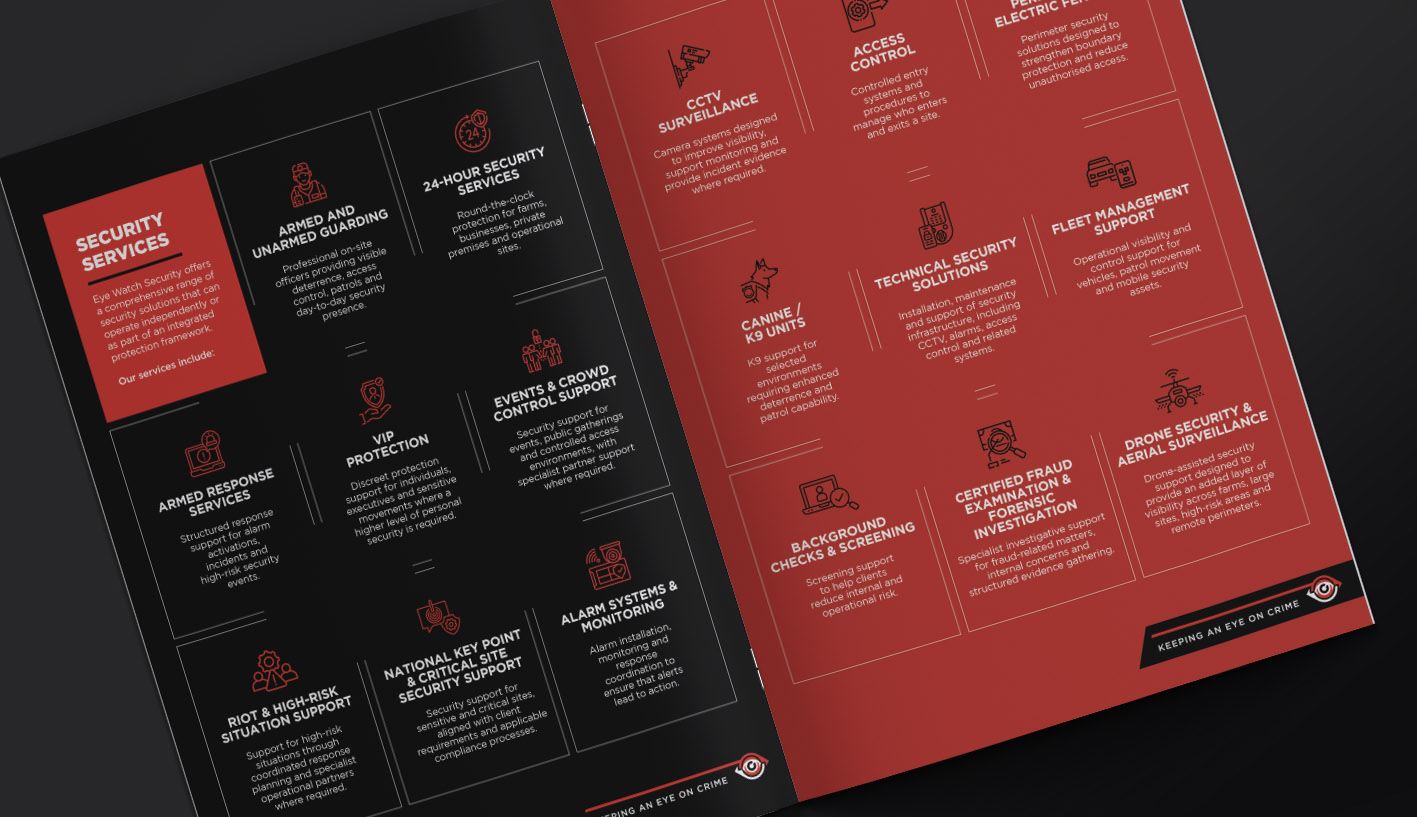 Angled company profile spread showing security service descriptions, red line icons and structured capability panels.