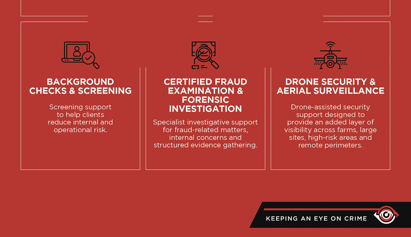 Red corporate profile page showing background screening, forensic investigation and drone surveillance service cards.