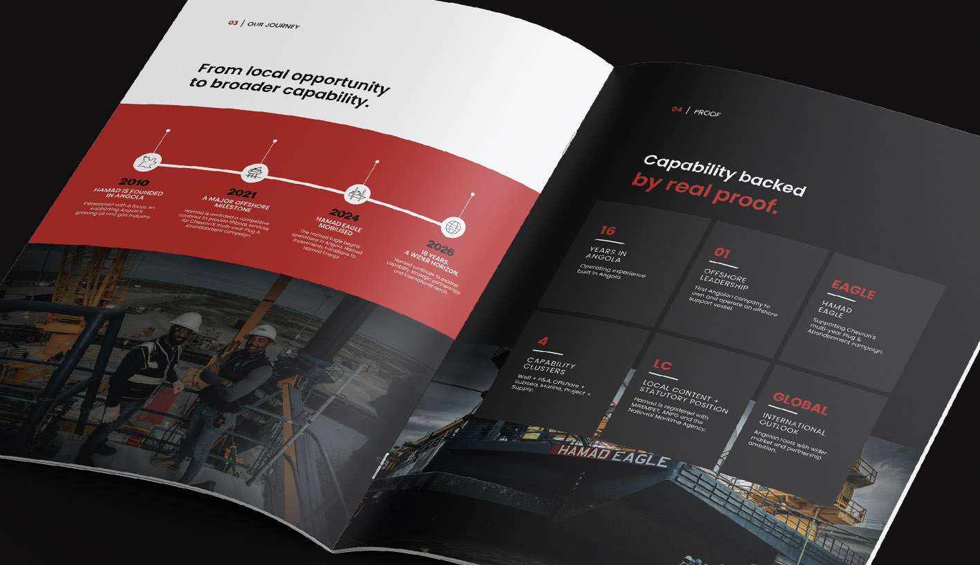 Open Hamad Energy corporate profile showing the company timeline, offshore operations imagery and technical capabilities.