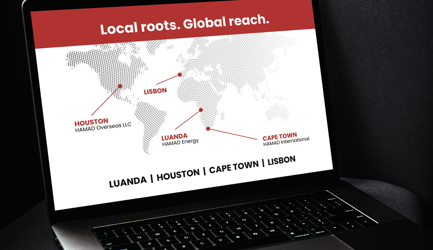 Hamad Energy corporate PowerPoint presentation displayed on a laptop, showing the company's international presence and office locations.