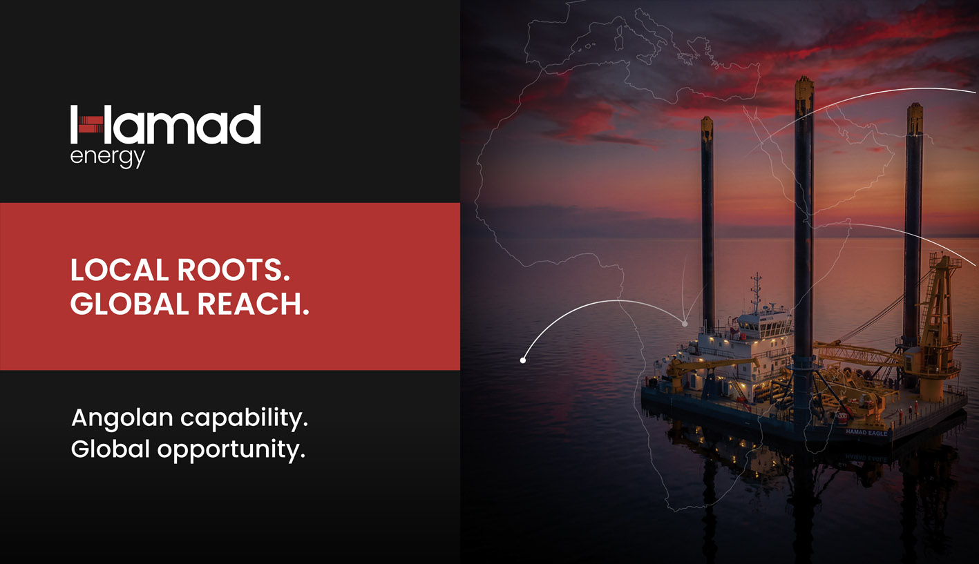 Hamad Energy exhibition branding featuring the Hamad Eagle offshore vessel and Local Roots. Global Reach. campaign message.