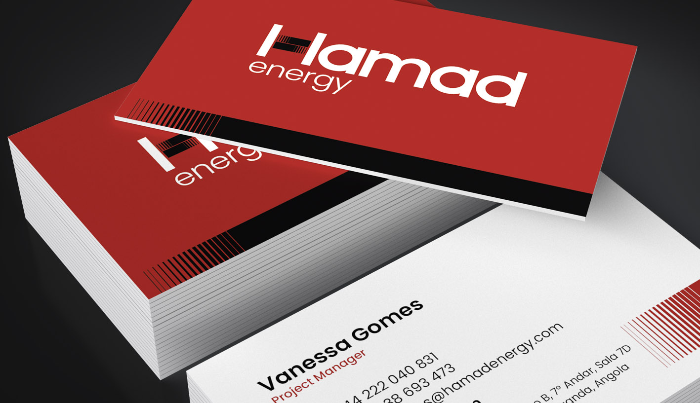Hamad Energy corporate business card design featuring the red, black and white brand identity and professional contact details.
